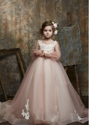 Beaded Neck Ivory Lace Blush Pink Tulle Flower Girl Dress